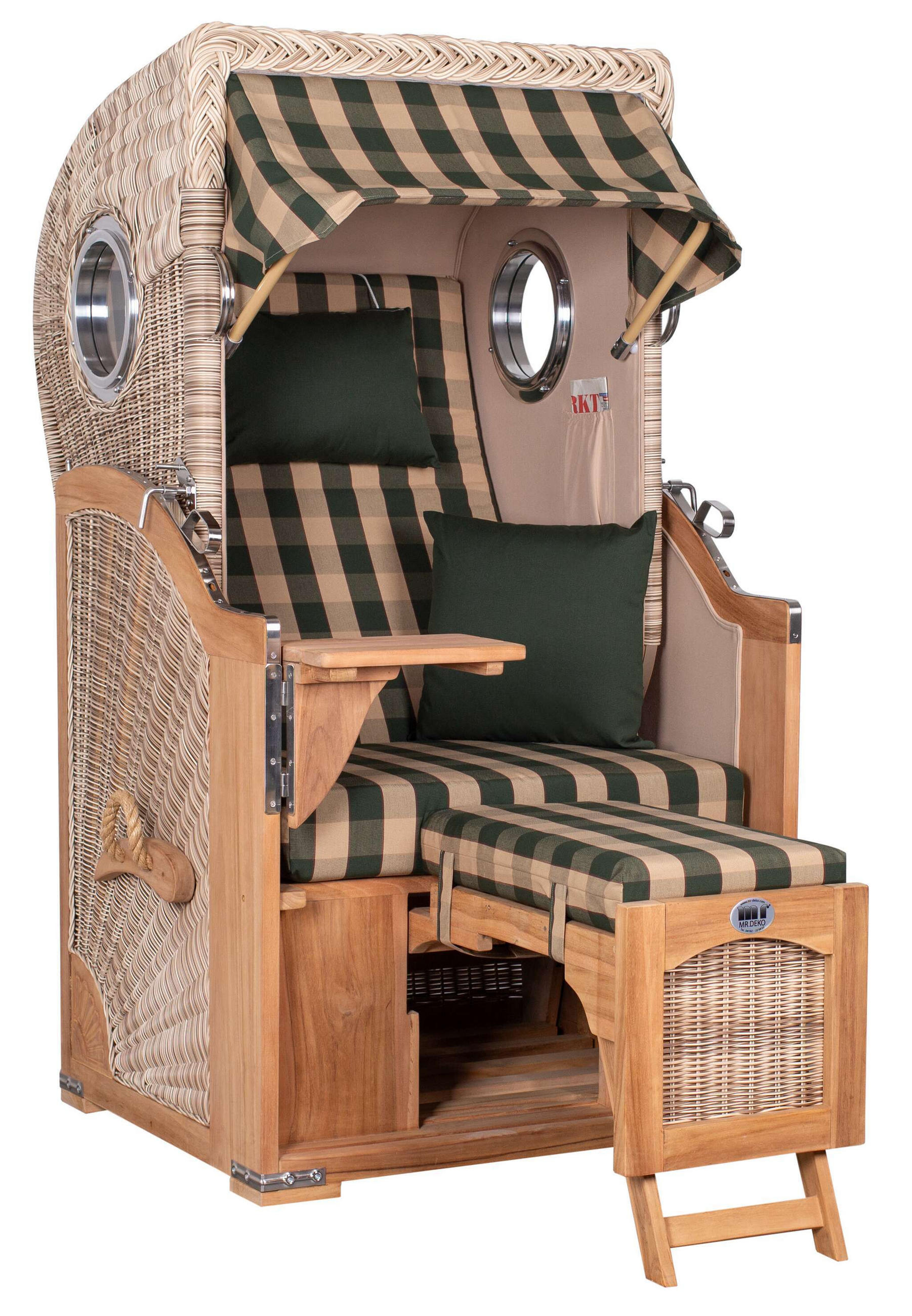 STRANDKORB Düne 1-Sitzer Teak 506 - Blau/Dunkelgrün, Holz/Textil (98/165/80cm) - Mr. Deko