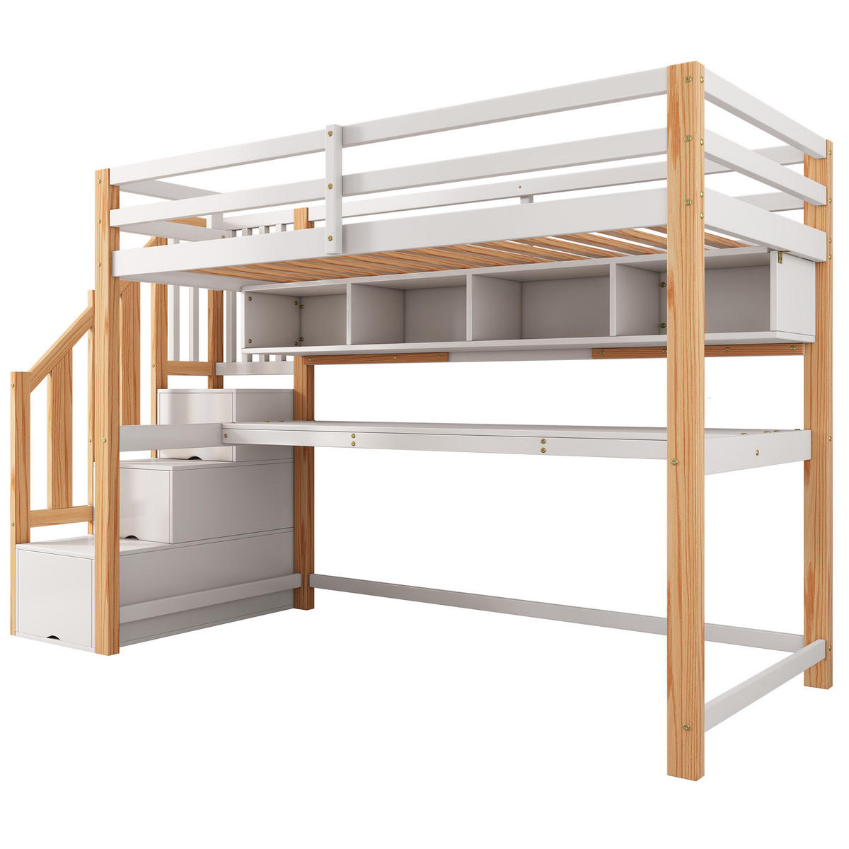 HOCHBETT 90x200cm mit großen Schreibtisch in natürlich und wei - Naturfarben, Holz (90/200cm) - KOMHTOM