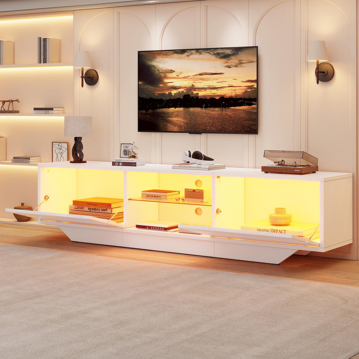 TV-LOWBOARD 160x35x44.5cm Weiß mit LED und 2 Türen - Weiß, Holzwerkstoff (160/44.5/35cm) - FLIEKS