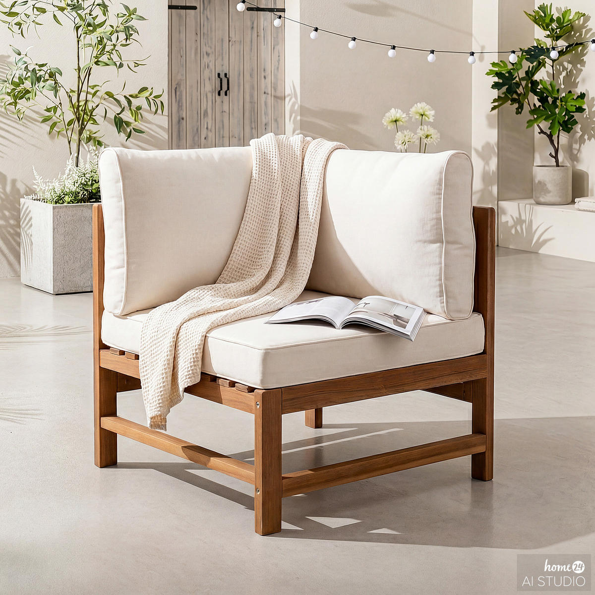 LOUNGEECKE - Akazie massiv / Polyester - Braun / Beige - Beige/Braun, Holz/Textil (66/76/66cm) - home24