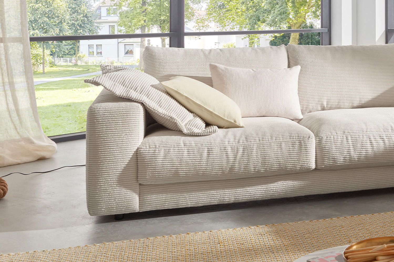 ECKSOFA MADELINE Cremeweiß Cord - Creme/Schwarz, Kunststoff/Textil (325/224cm) - KAWOLA