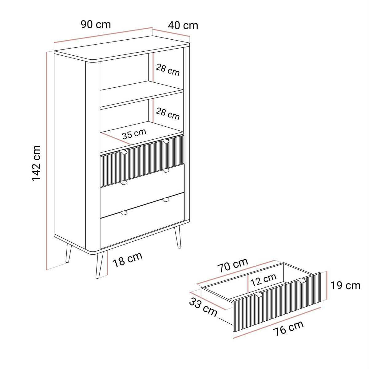 HIGHBOARD mit Schubladen AUTUMN 2D3S mit geriffelter Front, Kaschmir / Nussbaum - Beige/Braun, Holzwerkstoff (90/142/40cm) - Lookway