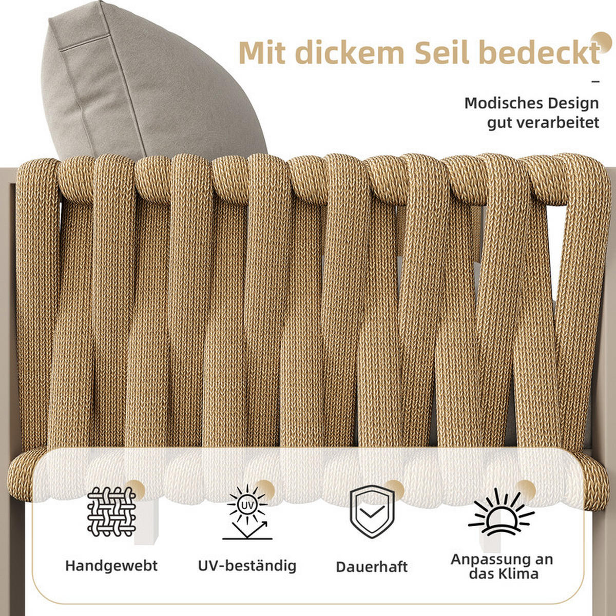 GARTENLOUNGE-SET BEIGE mit Seilgeflecht verstellbaren Beinen und Glastisch inkl. Kissen - Beige, Textil - BLACKCUP