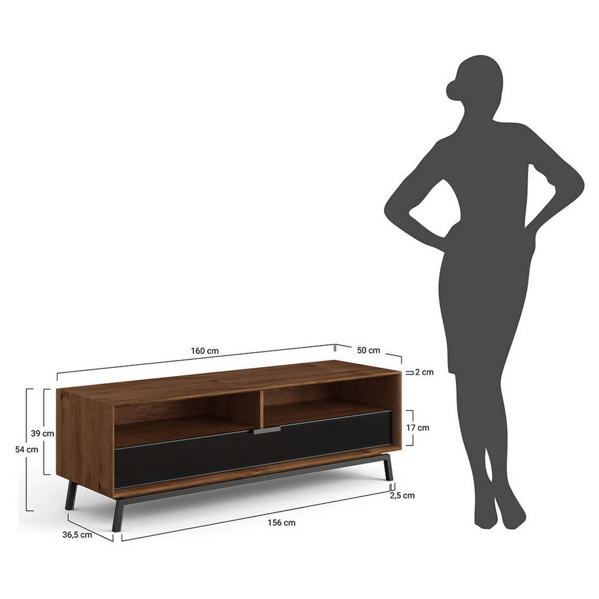 LOWBOARD Modern Loft Eiche Tabak 160 / 50 / 54cm - Dunkelbraun/Schwarz, Holz/Metall (160/54/50cm) - Feldmann-Wohnen