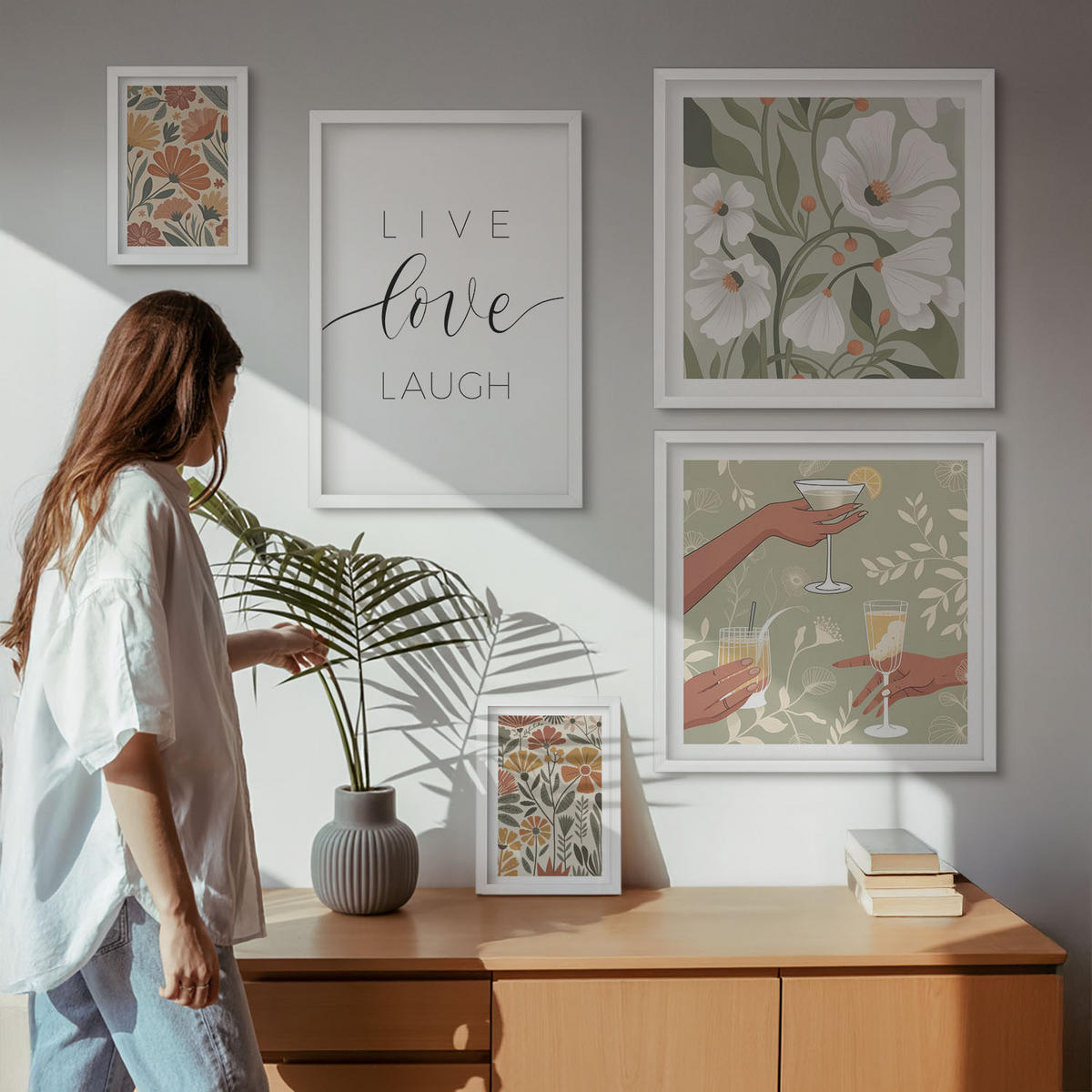 BILDER SET 5er Set - 50x50 cm & 20x30 cm & 40x60 cm Weißer Rahmen - Boho-Pflanzenmuster - Weiß, Kunststoff (40/60cm) - TULUP