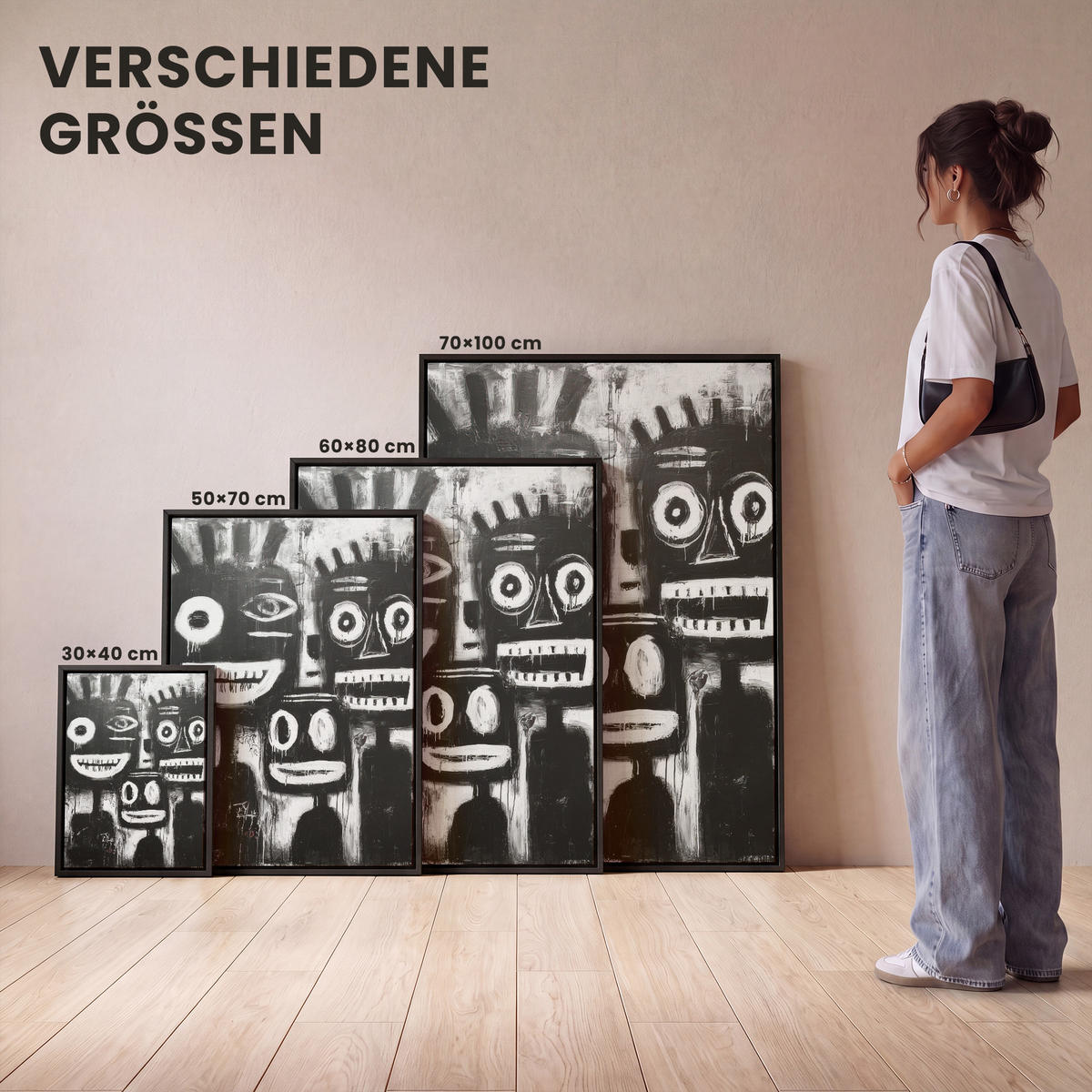 LEINWAND Bilder mit Rahmen - Malerei - Figuren - Schwarz - Abstrakt - 70x100 - Schwarz, Textil (70/100cm) - MuchoWow