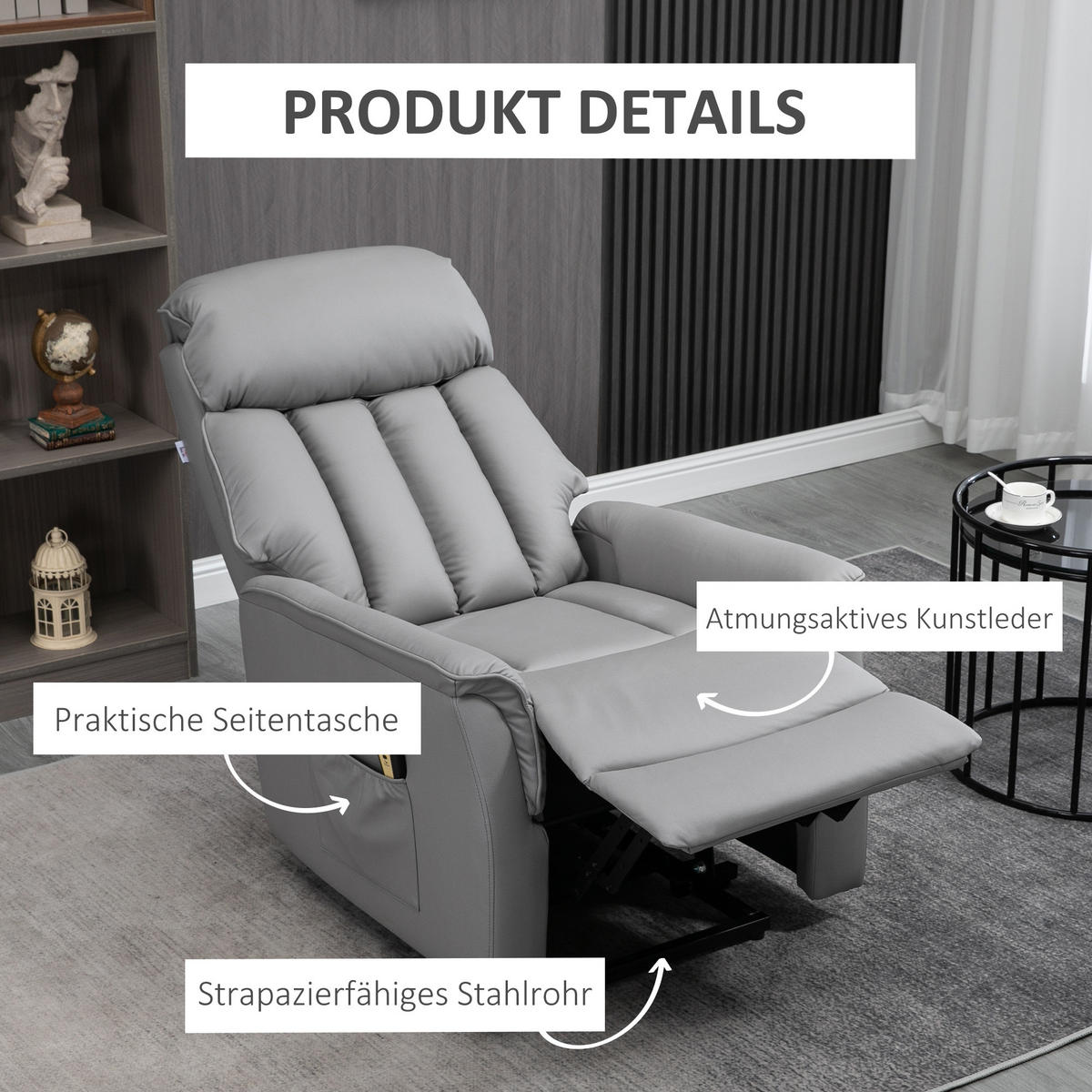 ELEKTRISCHER Aufstehsessel gepolstert Fernsehsessel Relaxsessel mit Aufstehhilfe - Schwarz/Grau, Leder/Kunststoff (80/104/94cm) - HOMCOM