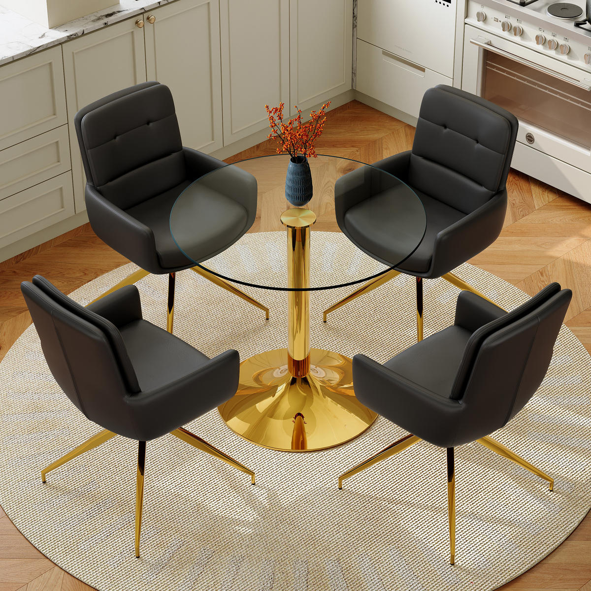 ESSGRUPPE DE-39476 5-teilig, Glastisch und 4 Drehstühlen mit Knopfverzierung Schwarz - Schwarz, Metall (85/75/85cm) - ComfortXL