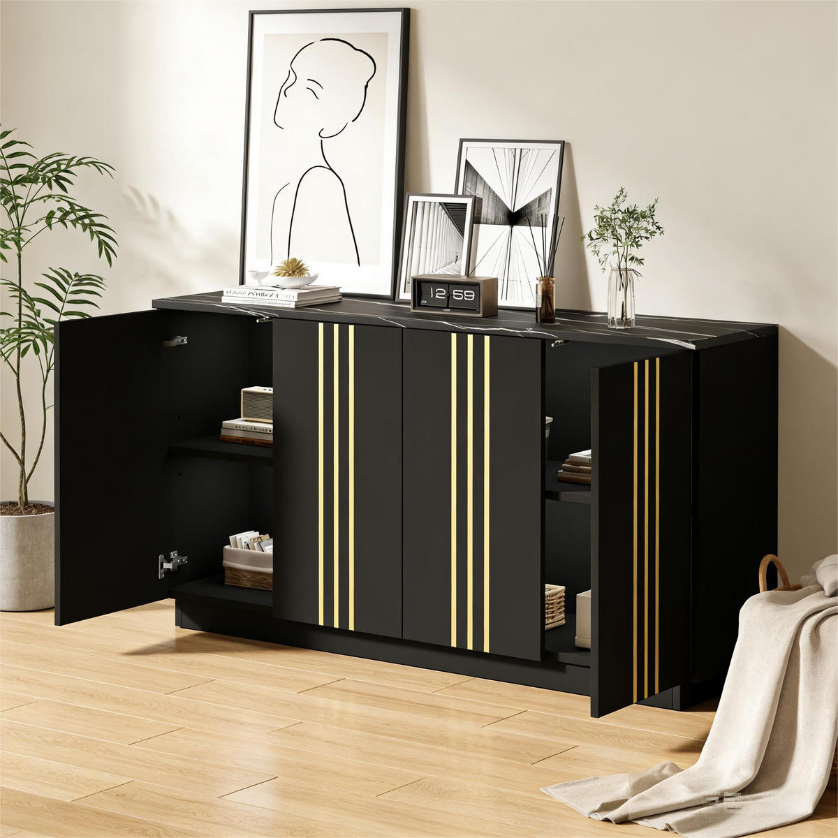 SIDEBOARD 35/140/70 cm in Schwarz mit 4 Türen und goldenen Linien - Schwarz, Holzwerkstoff (140/70/35cm) - CHICFURN