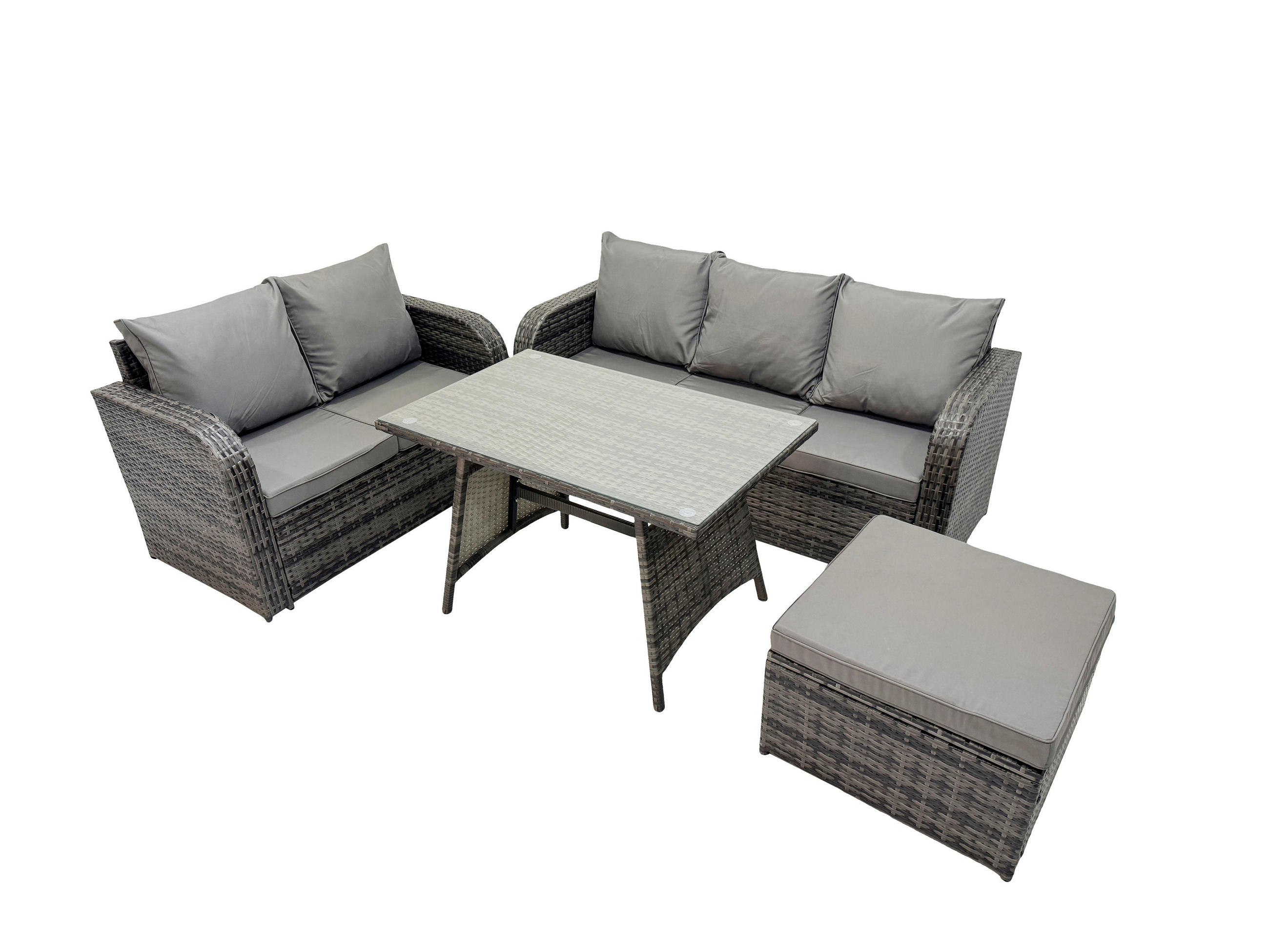 GARTENMÖBEL SET Polyrattan Dunkelgrau 6-Sitzer - Dunkelgrau/Grau, Glas/Kunststoff - Fimous