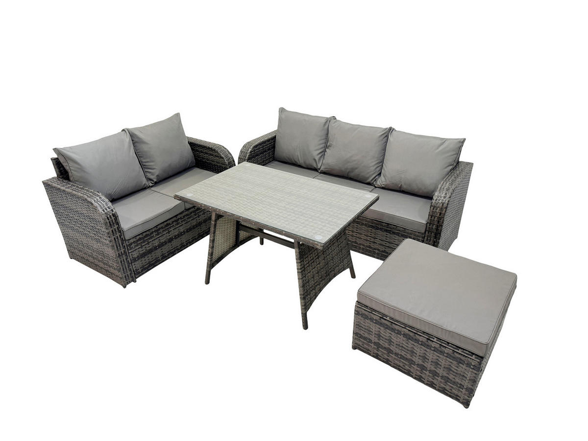 GARTENMÖBEL SET Polyrattan Dunkelgrau 6-Sitzer - Dunkelgrau/Grau, Glas/Kunststoff - Fimous