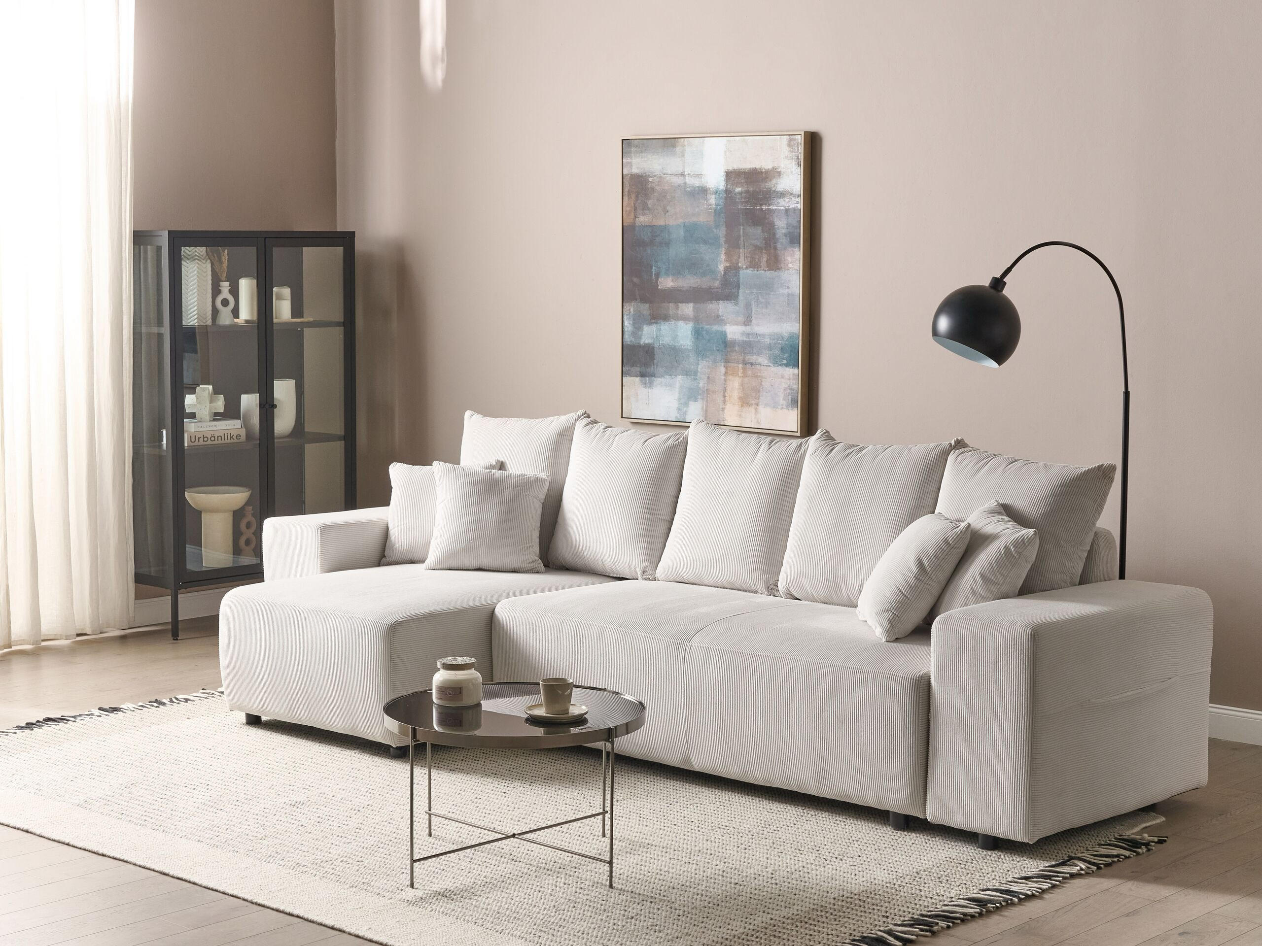 3-SITZER-ECKSOFA Cord hellbeige linksseitig mit Schlaffunktion Stauraum Luspa - Beige/Schwarz, Textil (294/130cm) - Beliani