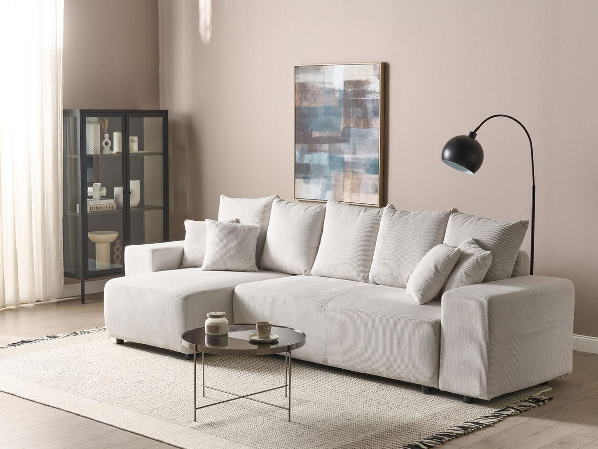 3-SITZER-ECKSOFA Cord hellbeige linksseitig mit Schlaffunktion Stauraum Luspa - Beige/Schwarz, Textil (294/130cm) - Beliani
