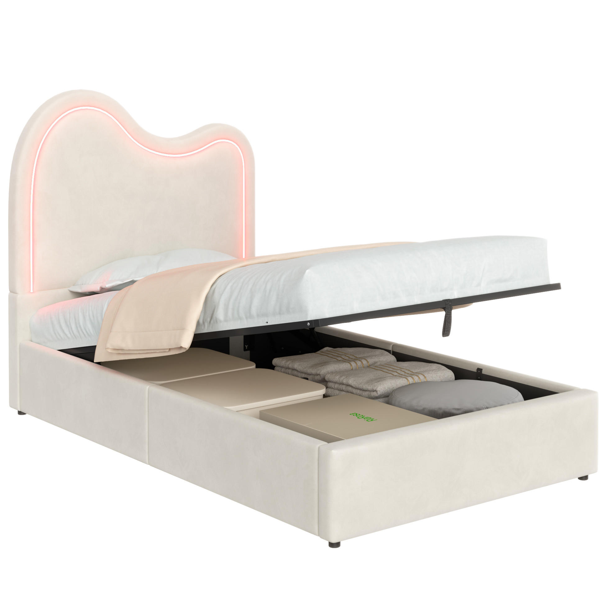 KINDER-POLSTERBETT aus Samt 90x200 cm Beige mit Bettkasten, LED-Beleuchtung und Lattenrost - Beige, Textil (90/200cm) - Modfu