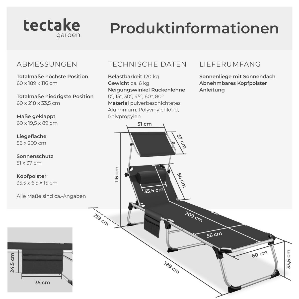 SONNENLIEGE Aurelie,218 x 60 x 33,5 cm, inkl. Seitentasche ,schwarz - Schwarz, Kunststoff (60/33.5/218cm) - tectake