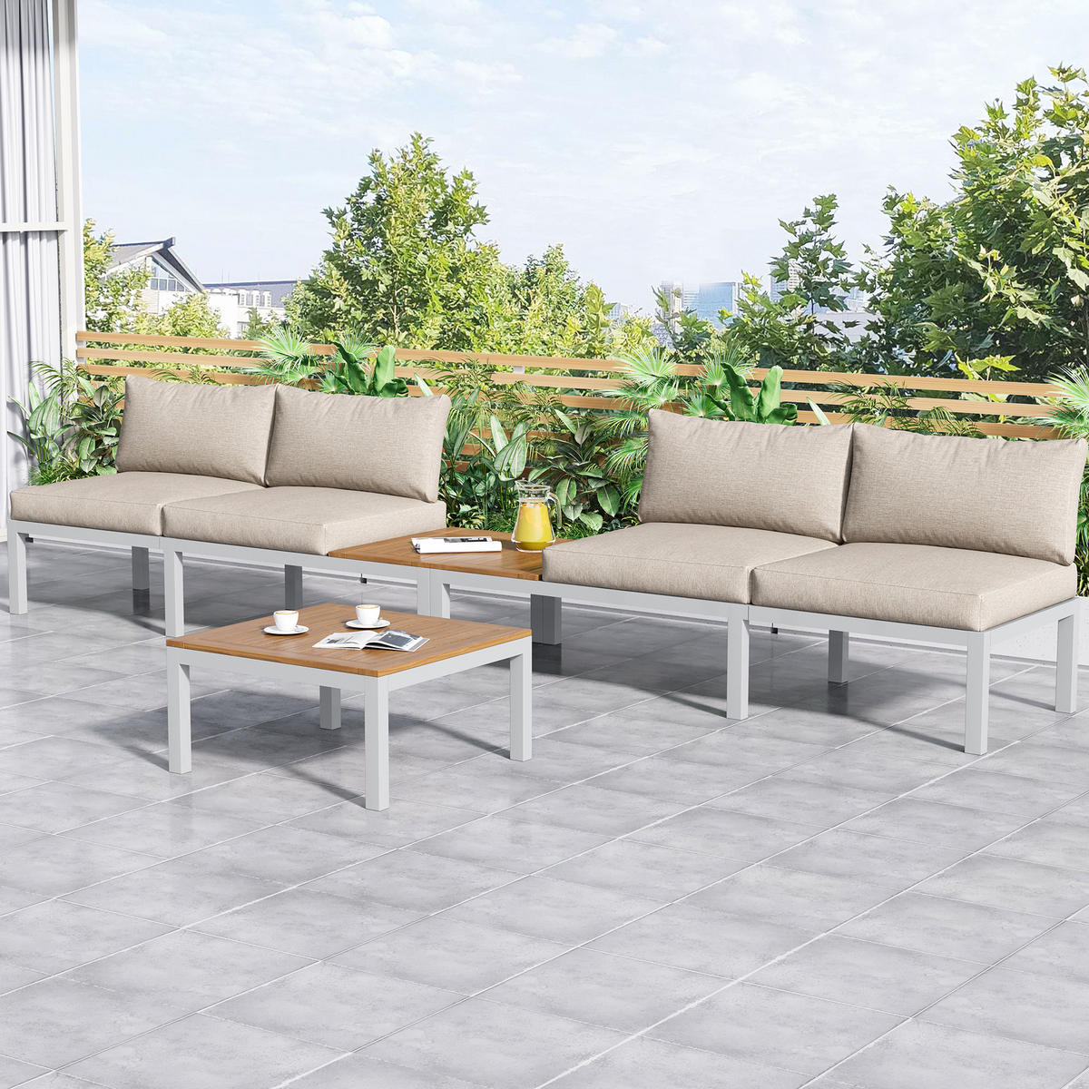 LOUNGESET 5-tlg. Beige 2x Zweisitzer 2x Tische 1x Tisch Akazie - Beige, Metall - FLIEKS