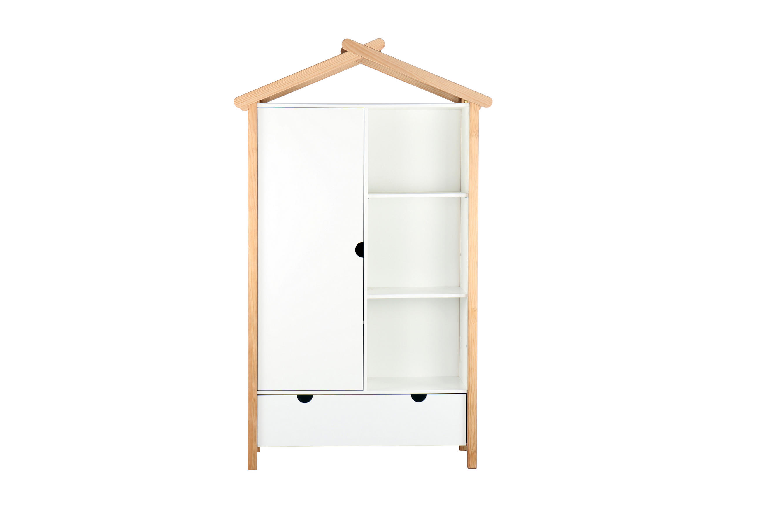 KLEIDERSCHRANK Malmö in Hausform - 1 Tür, 3 offene Fächer, 1 Schublade - Weiß, Holz (112/187/51cm) - TPFLiving