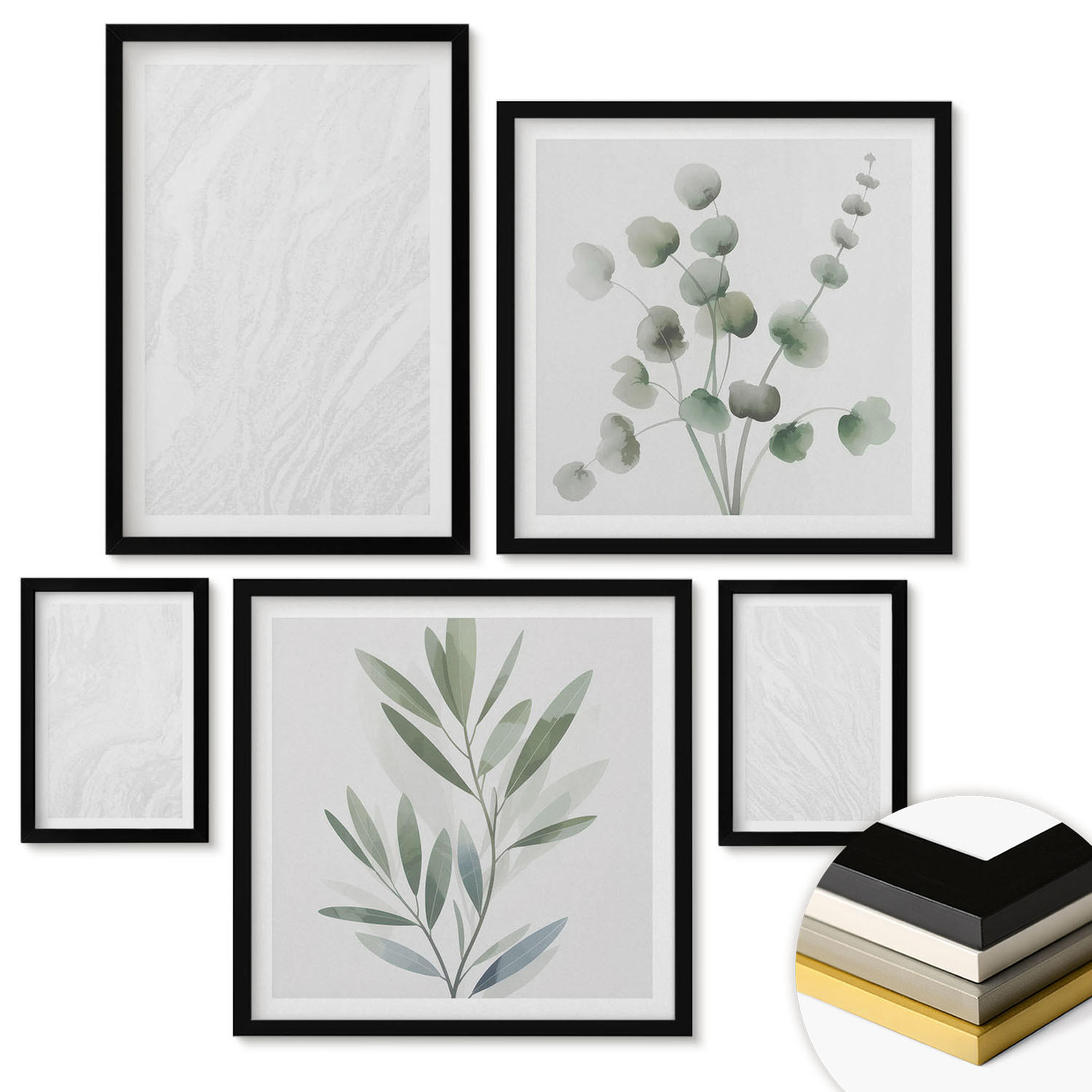 WANDBILDER 5er-Set - 50x50 cm & 20x30 cm & 40x60 cm Schwarzer Rahmen - Marmorstruktur, pastellfarbene Zweige - Schwarz, Kunststoff (40/60cm) - ArtPrintCave