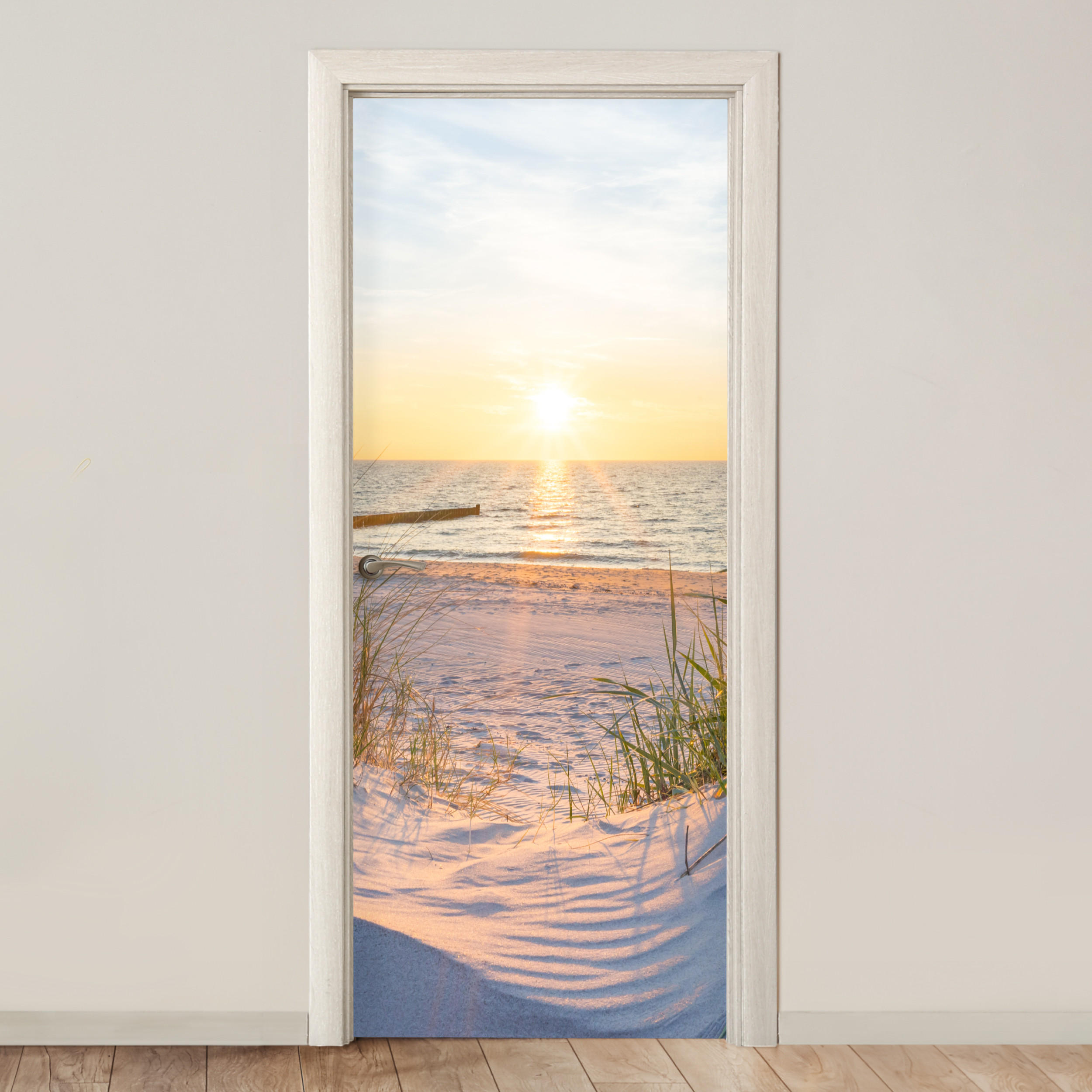 TÜRAUFKLEBER Selbstklebend - Strand - Sonne - Düne - Gras - Sand - Horizont 85x205 cm - Türtapete - Dunkelgelb, Kunststoff (85/0.1cm) - MuchoWow