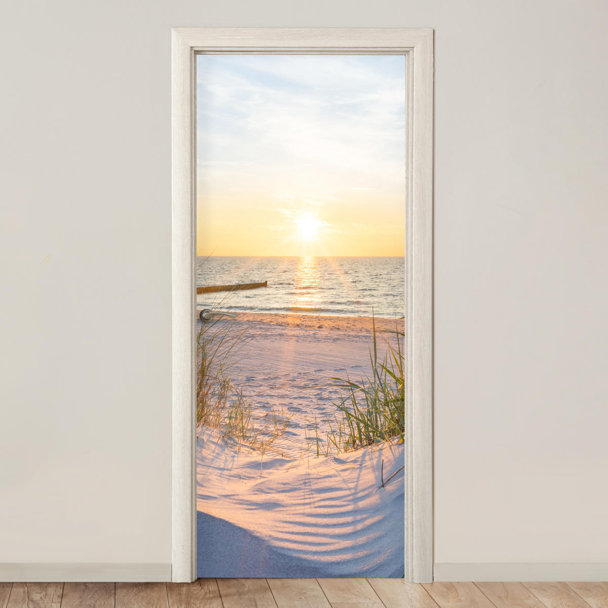 FOTOTAPETE Tür - Strand - Sonne - Düne - Gras - Sand - Horizont 75x205 cm - Dunkelgelb, Kunststoff (75/0.1cm) - MuchoWow