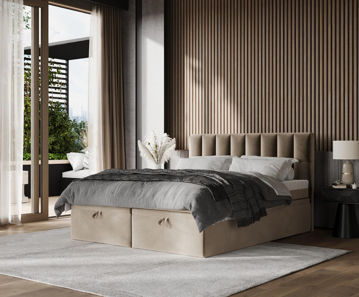 BOXBETT Lume 180/200 cm Taupe im Paros Stoff - Taupe/Schwarz, Holz/Holzwerkstoff (180/200cm) - AltaBeds