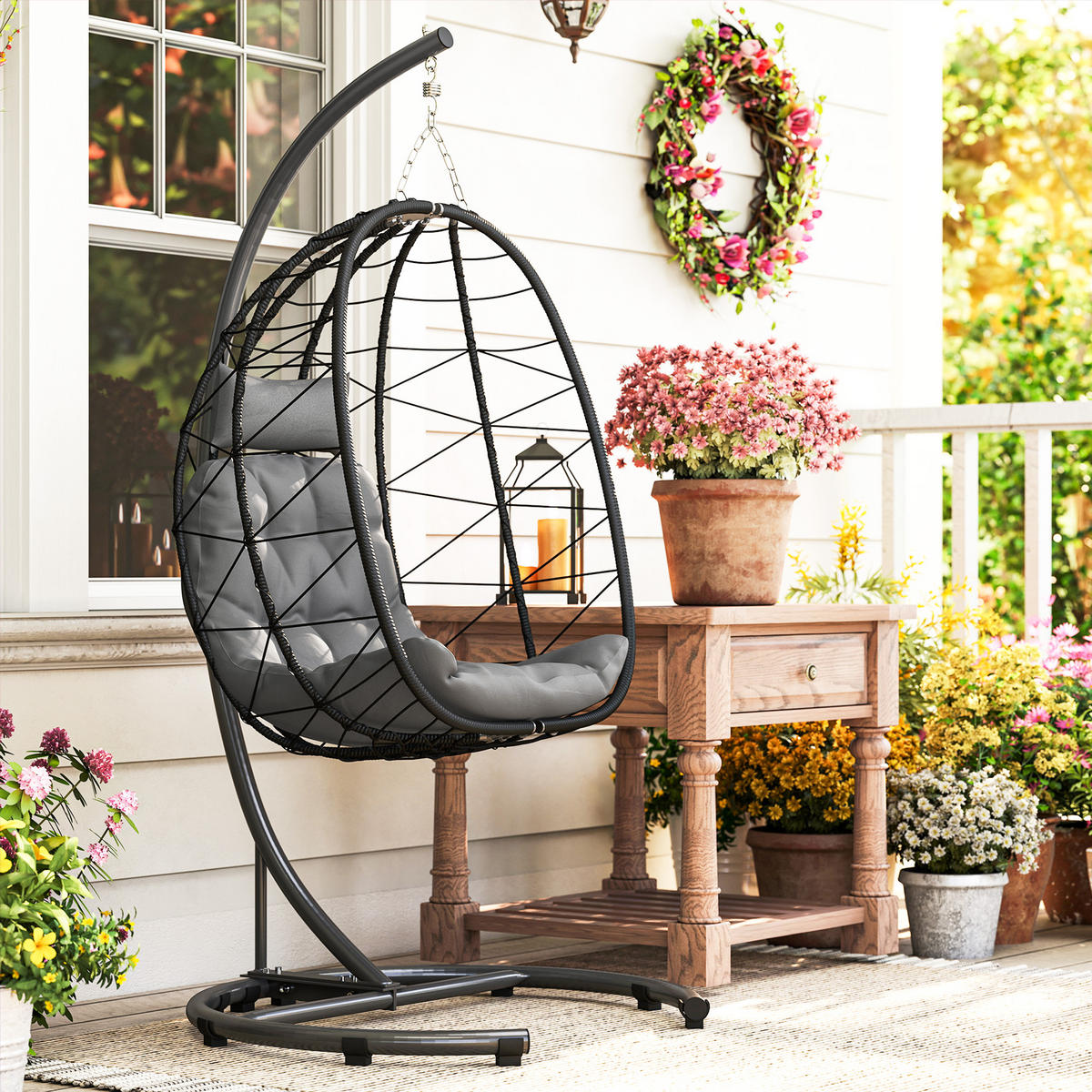 HÄNGESTUHL 195 cm Höhe, wasserdichte Abdeckung, bis zu 150 kg, Dunkelgrau - Schwarz, Kunststoff (102/195/102cm) - Outsunny