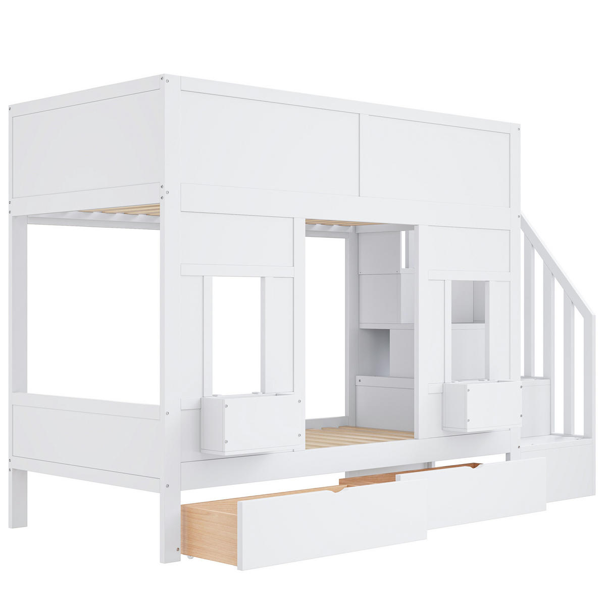 ETAGENBETT Kinderbett 252,5/95,1/166 cm aus Holzwerkstoff mit Stauraumtreppe Weiß - Weiß, Holz (90/200cm) - Modenvie