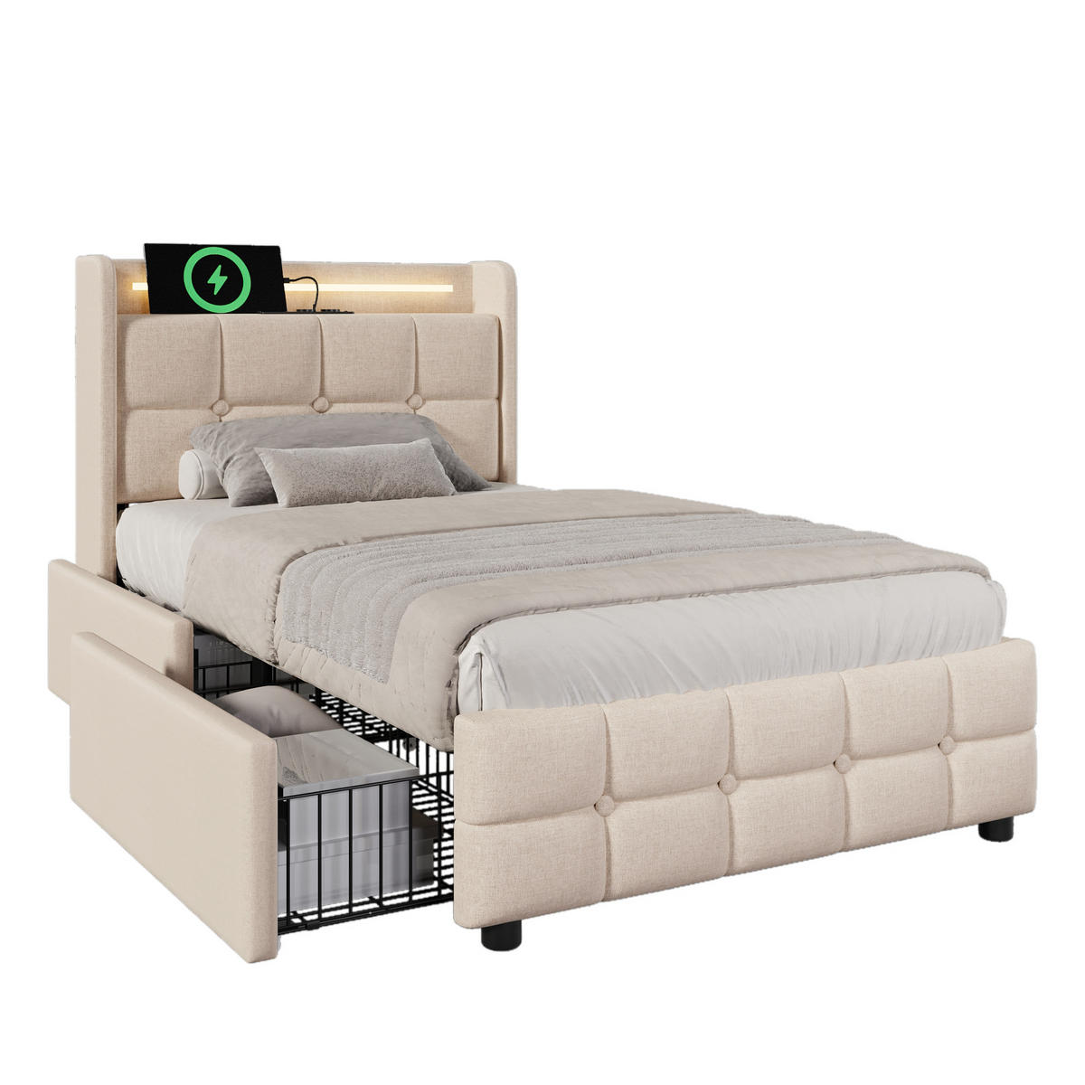 POLSTERBETT 90/200 cm in Beige mit 2 Schubladen, LED, USB und Steckdosen - Beige, Holzwerkstoff/Textil (90/200cm) - CHICFURN