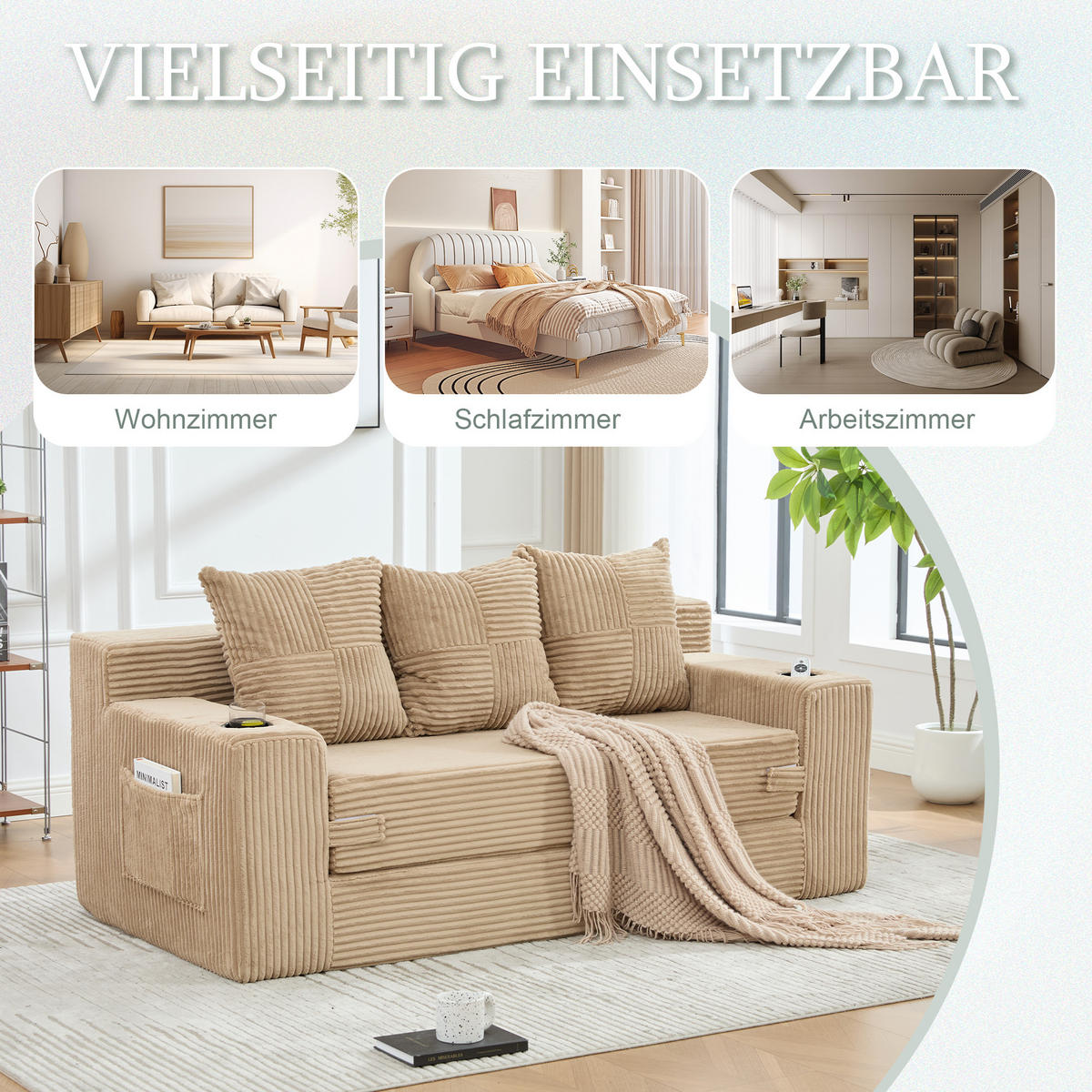 2-SITZER Bodensofa ausklappbar, Getränkehalter/Seitentaschen, Cord, hellbraun - Hellbraun, Textil (172/64/87cm) - LVHOM