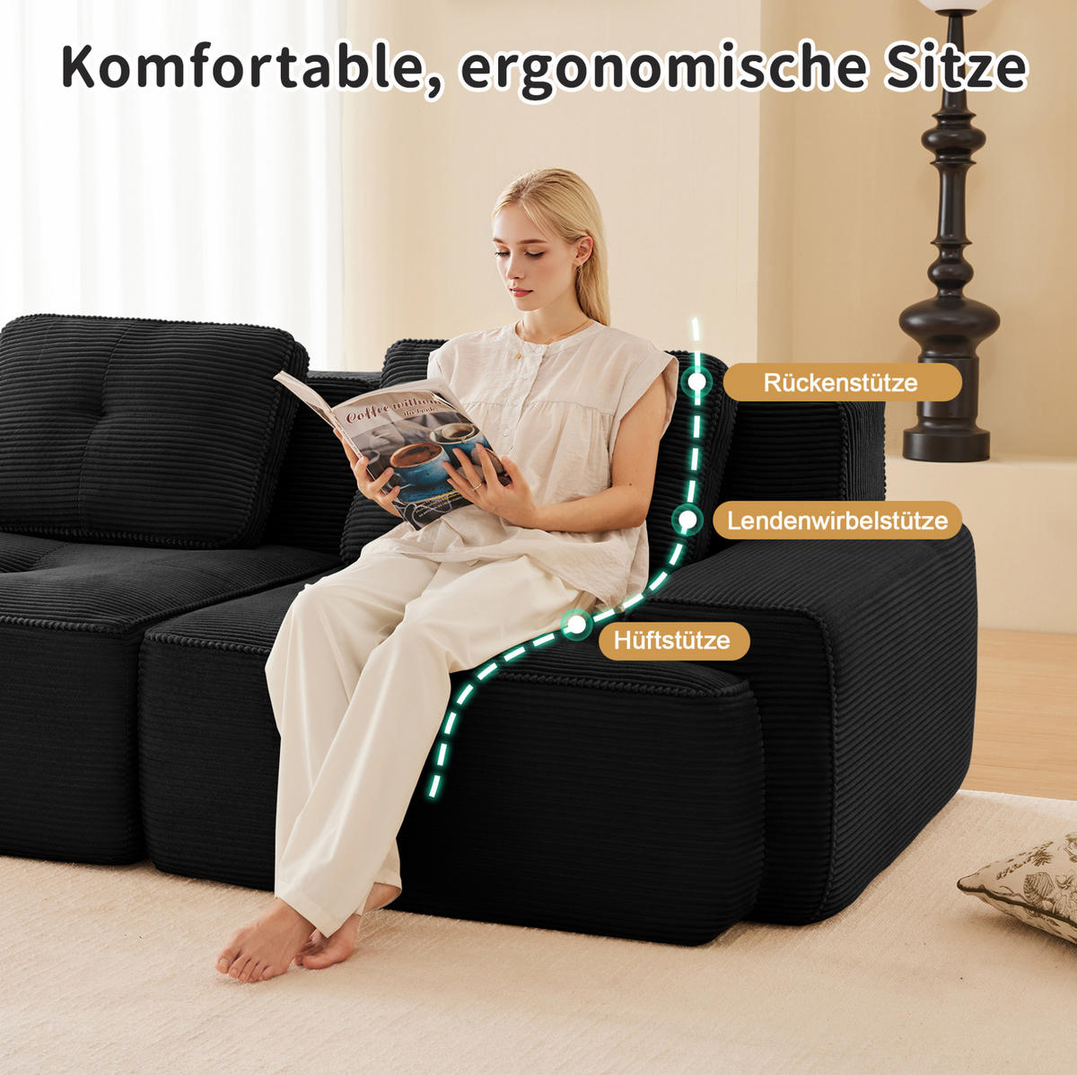 ECKSOFA 204/104/69 cm schwarz aus Cord mit 74 cm Tiefsitz und boneless Design - Schwarz, Textil (104/204cm) - OKWISH