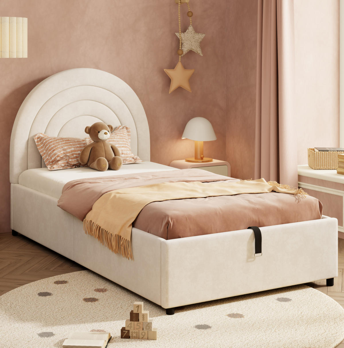 POLSTERBETT 90/200 cm beige aus Samt mit Stauraum und Kopfteil - Beige, Holzwerkstoff (90/200cm) - OKWISH
