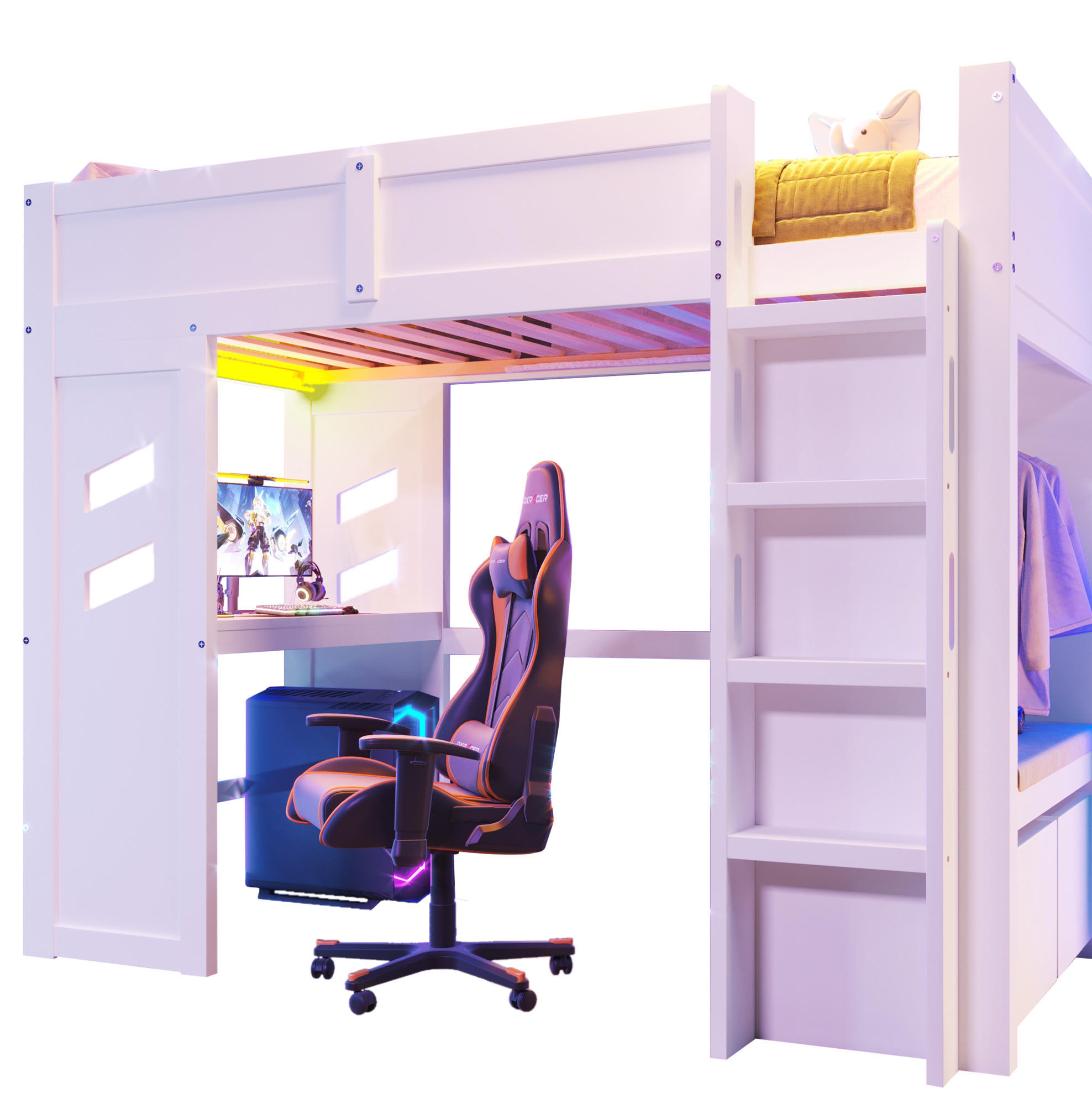 HOCHBETT 90/200 cm aus Kiefer mit Schreibtisch, LED-Beleuchtung, USB, Typ-C, 2 Schubladen und Kleiderstange, Weiß - Weiß, Holzwerkstoff (90/200cm) - Redom