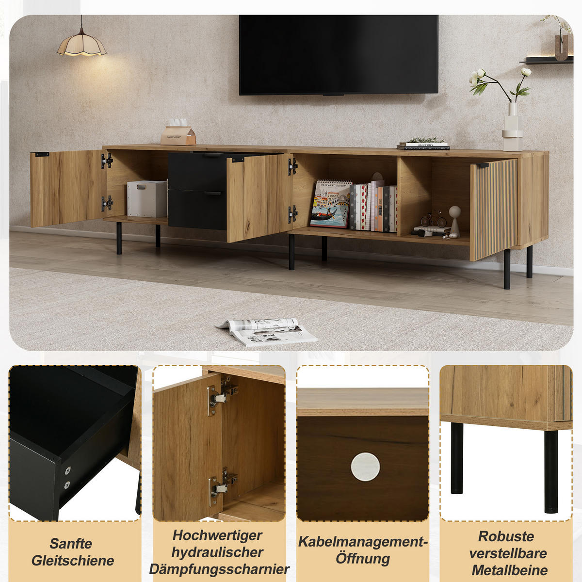 LOWBOARD in Holzoptik TV-Schrank mit Kabelmanagement , für 85-Zoll-Fernseher , B208/T40/H48 cm - Schwarz/Naturfarben, Holzwerkstoff/Metall (208/48/40cm) - STILVORA