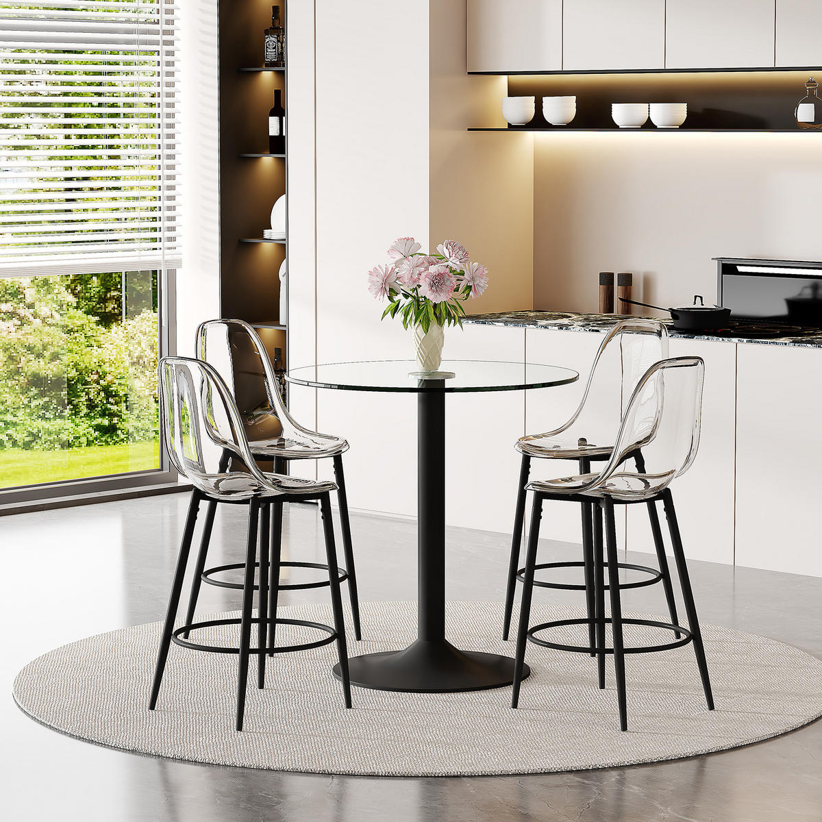 BARTISCH-SET DE-39404 5-teilig, Glastisch und 4 Hocker Transparent/Schwarz - Schwarz, Metall (89/92/89cm) - ComfortXL