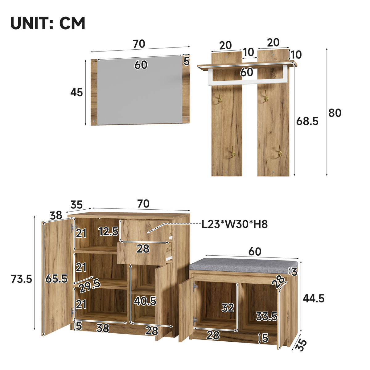 GARDEROBE 130x35x124.5cm mit Spiegel, LED und Schuhbank - Naturfarben, Holzwerkstoff (130/124.5/35cm) - FLIEKS