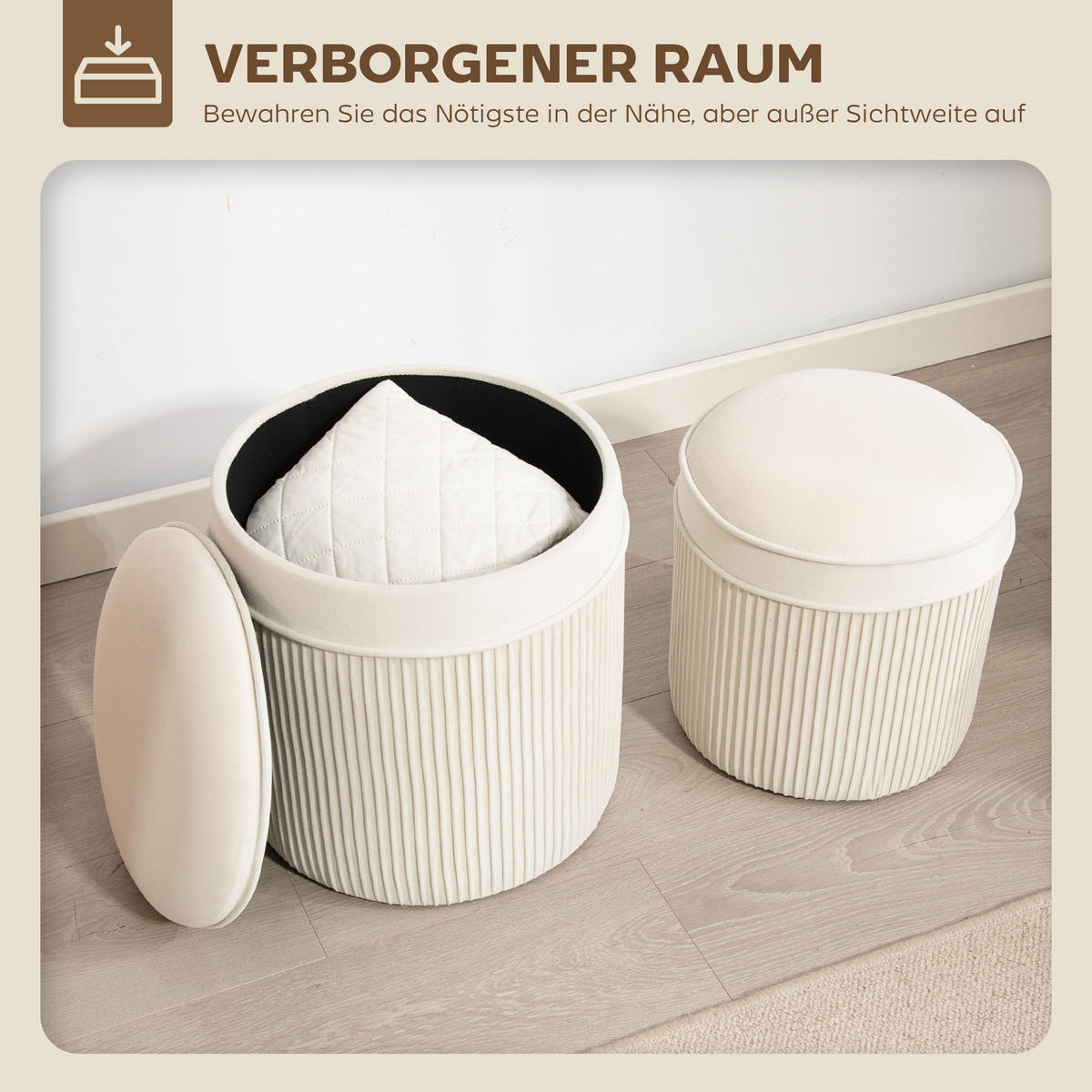 SITZHOCKER mit Stauraum Hocker und Deckel, Samtoptik - Creme/Weiß, Textil (36/41.5/36cm) - HOMCOM