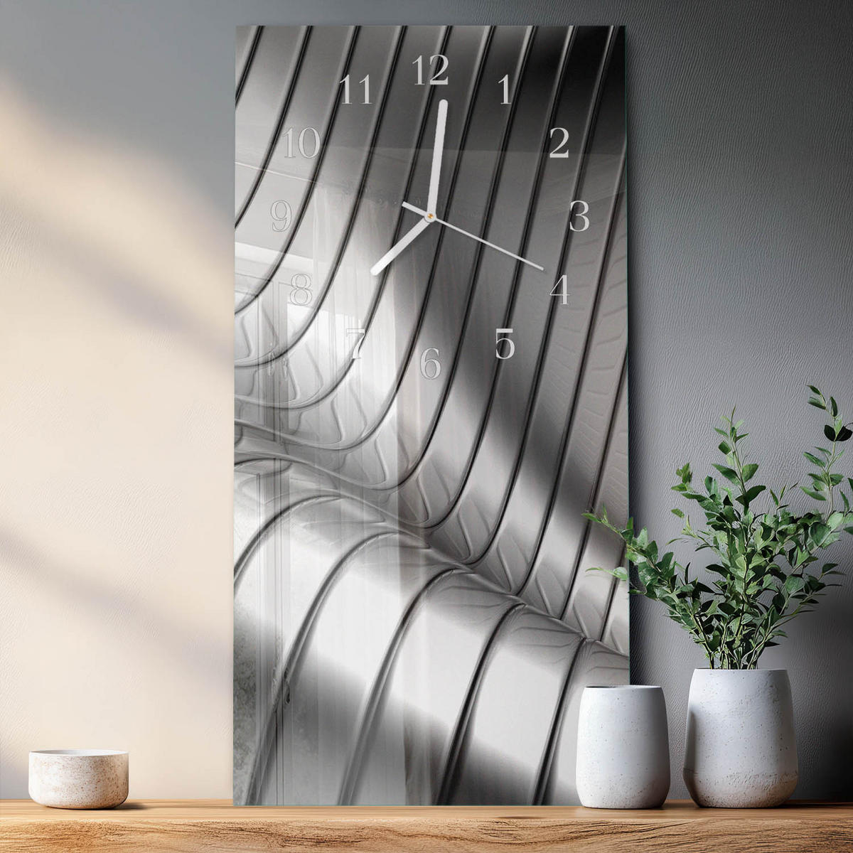 WANDUHR 30x60 cm - Bambuspflanze - Silberfarben, Glas (30/60/0.4cm) - TULUP