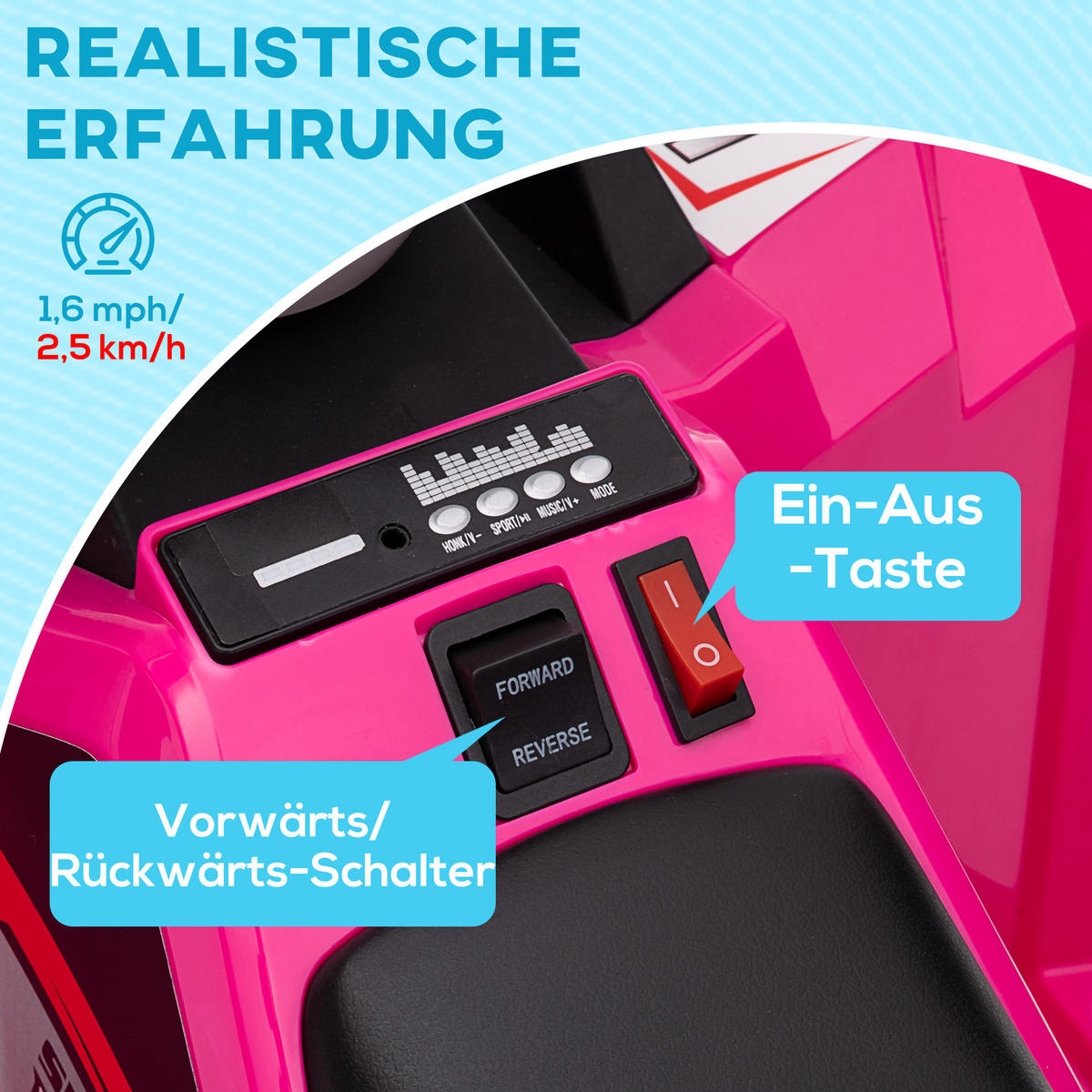 MINI ELEKTRO-QUAD KINDER, Blau/Rosa/Weiß, Kunststoff+ Metall - Rosa, Metall (70/41.5/48.5cm) - HOMCOM
