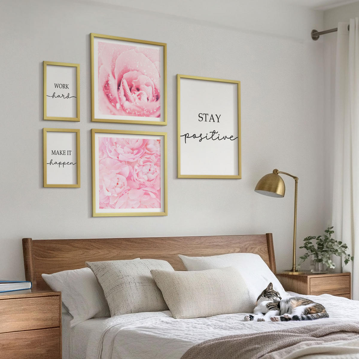 BILDER SET 5er Set - 50x50 cm & 20x30 cm & 40x60 cm Goldrahmen - Minimalistische rosa Blüten - Goldfarben, Kunststoff (40/60cm) - TULUP