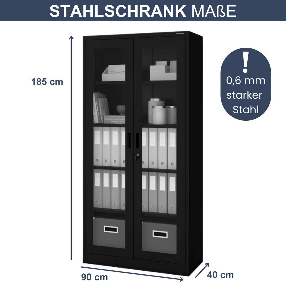 VITRINENSCHRANK abschließbar AMELIA mit Glastüren 185x90x40cm Schwarz - Schwarz, Metall (90/185/40cm) - Jan Nowak