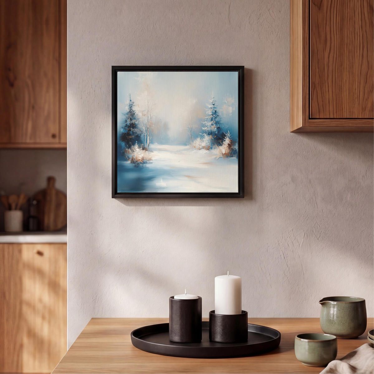 LEINWAND Bilder mit Rahmen - Wald – Winter – Natur – Abstrakt – Schnee - 20x20 - Weiß, Textil (20/20cm) - MuchoWow