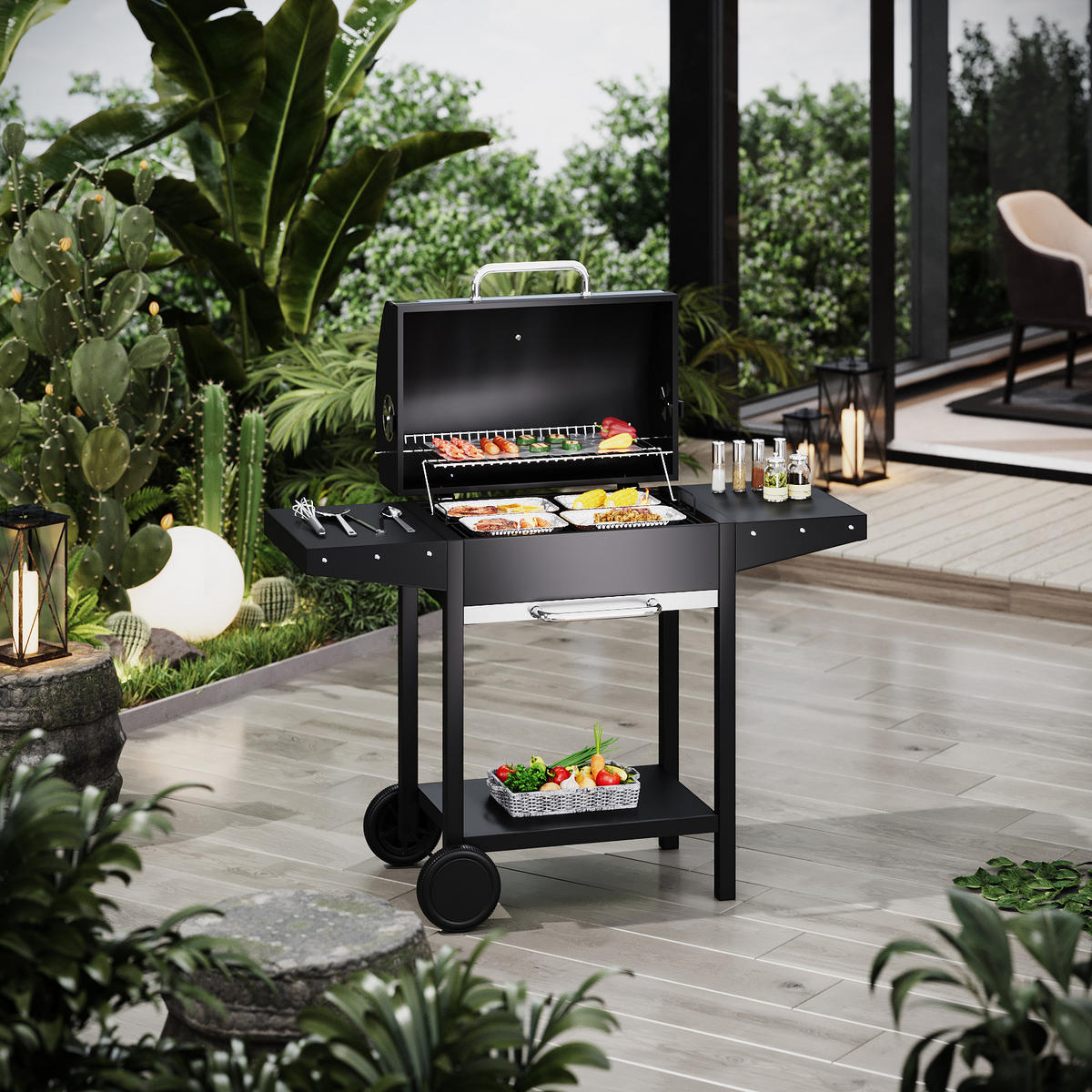 HOLZKOHLEGRILL aus Karbonstahl in Schwarz Tragbarer für den Außenbereich mit Seitenablagen 119 cm B × 50 cm T × 101 cm H - Schwarz, Metall (119/50cm) - Livingandhome
