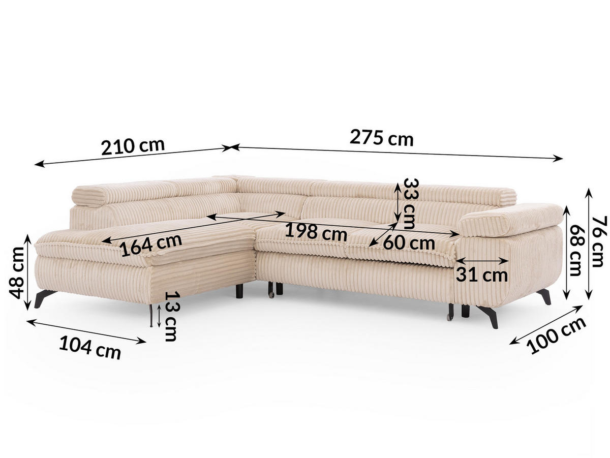 ECKSOFA mit Schlaffunktion und Bettkasten Bonnie aus Hellbeige Cord-Stoff mit verstellbaren Kopfstützen und Armlehne - Ottomane links - Beige/Schwarz, Holz/Textil (275/210cm) - S-Style Möbel