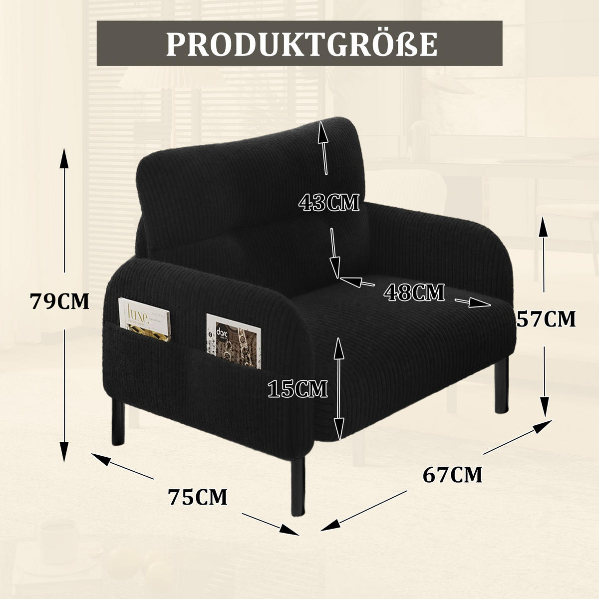 SESSEL Cord Schwarz mit Seitentasche - Schwarz, Textil/Metall (67/79/75cm) - WISHDOR