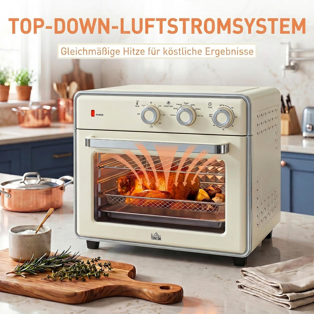 HOMCOM 20-Liter-Minibackofen mit Umluftfunktion, Backblech, Grillrost und Krümelschublade, Heißluftfritteuse mit 5 Modi und Frittierkorb - Creme, Metall (36/37.7/34.5cm) - HOMCOM