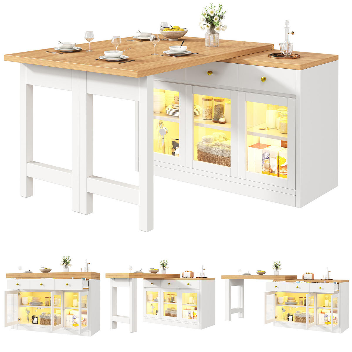 KÜCHENINSEL ausziehbar 120-200/40/75,5 cm mit LED DE-39587 Weiß - Weiß, Holzwerkstoff (120/75.5/40cm) - ComfortXL