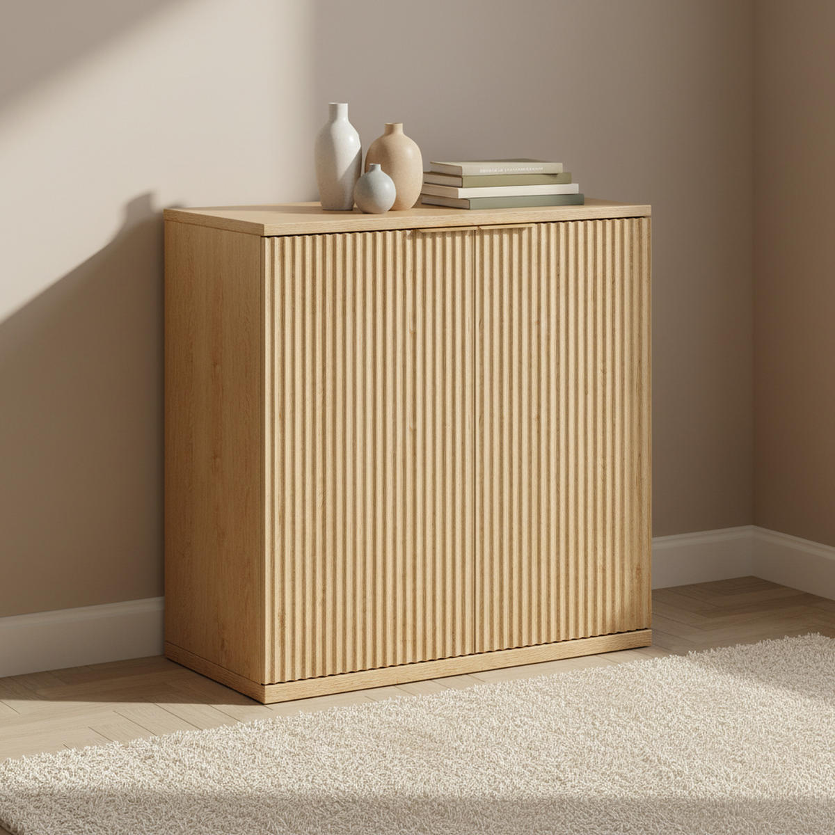 SIDEBOARD in Heller Holzoptik mit Geriffelter Front, Beige - Beige, Holzwerkstoff (40/80cm) - Urban Meuble