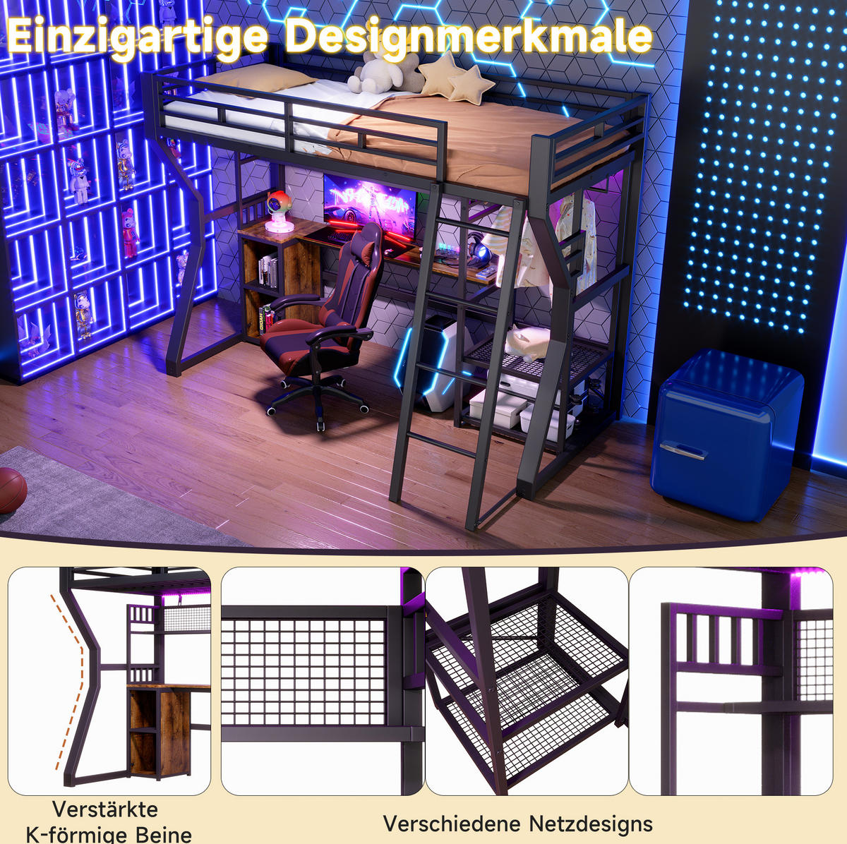 HOCHBETT 90/200 cm aus Metall und MDF mit Schreibtisch, Lichtleiste und Kleiderstange Schwarz - Schwarz, Holzwerkstoff (90/200cm) - Modenvie