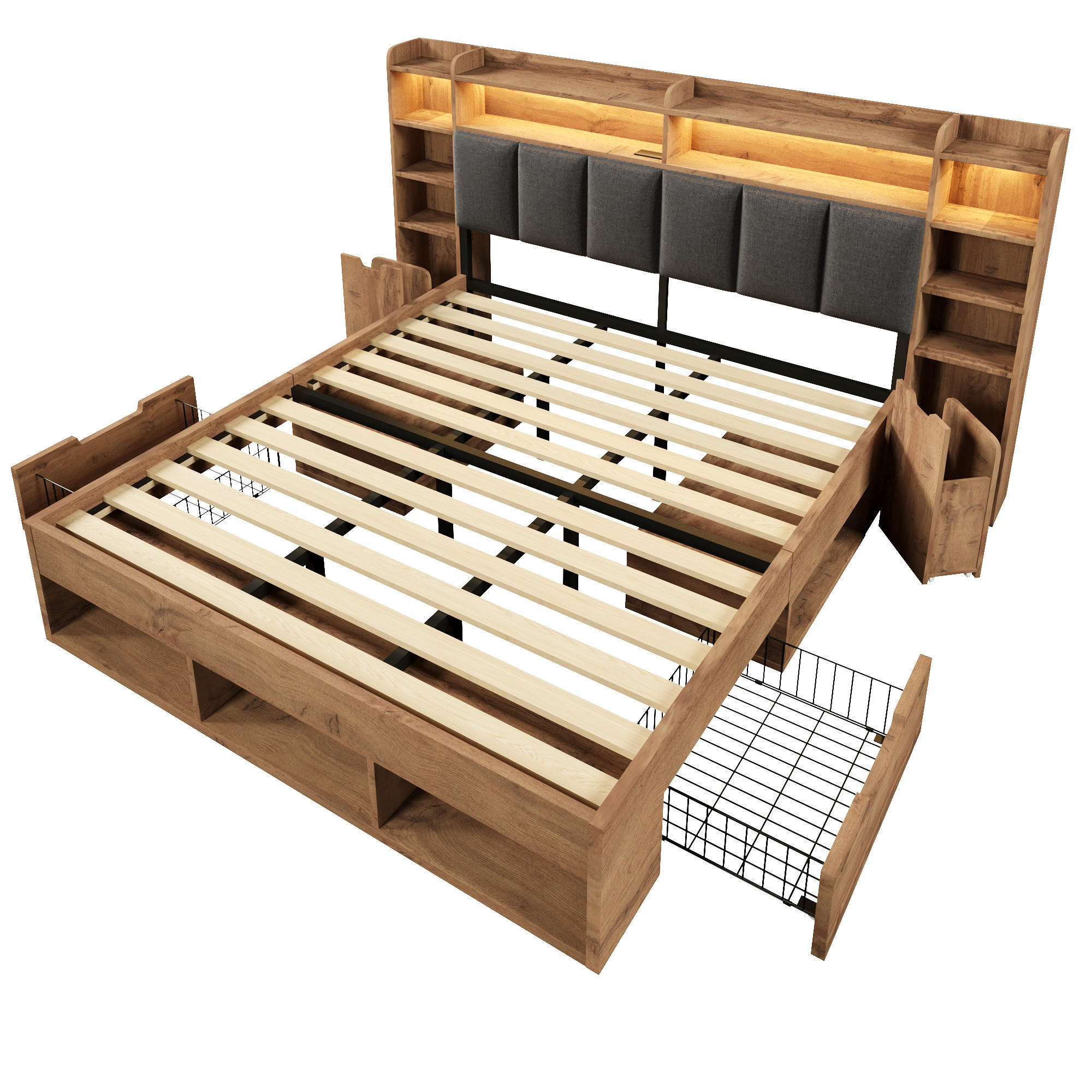 POLSTERBETT 180/200 cm Eiche mit LED-Beleuchtung, USB- und Type-C-Anschlüssen und Rollschubladen - Eichefarben, Holz (180/200cm) - Oxeza
