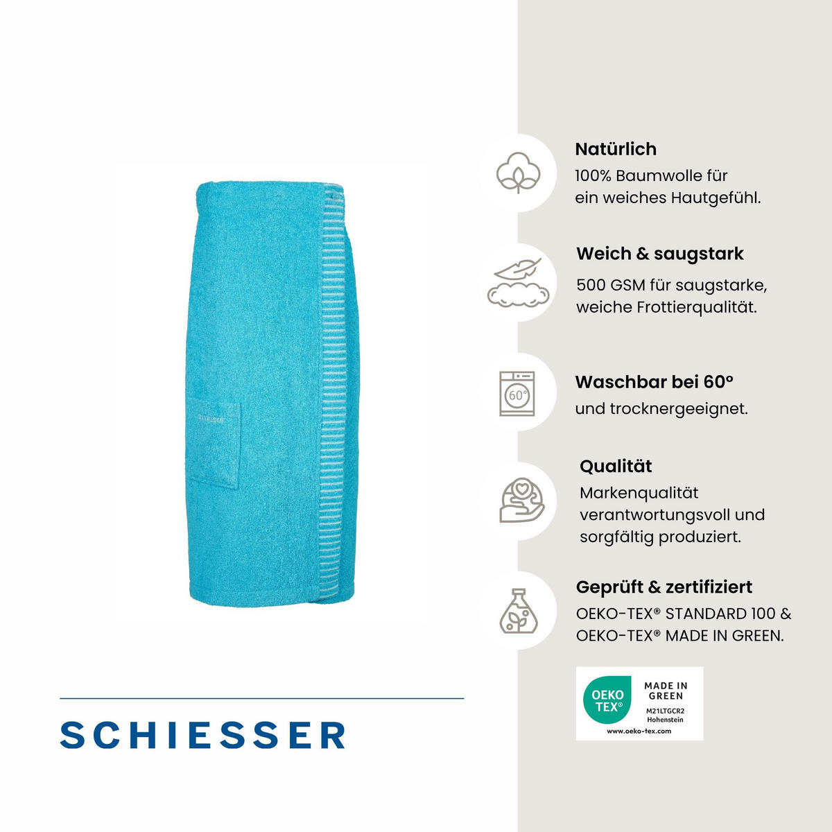 SAUNAKILT Rom Damen - 36-42 - Türkis - Türkis, Textil (80/130cm) - SCHIESSER
